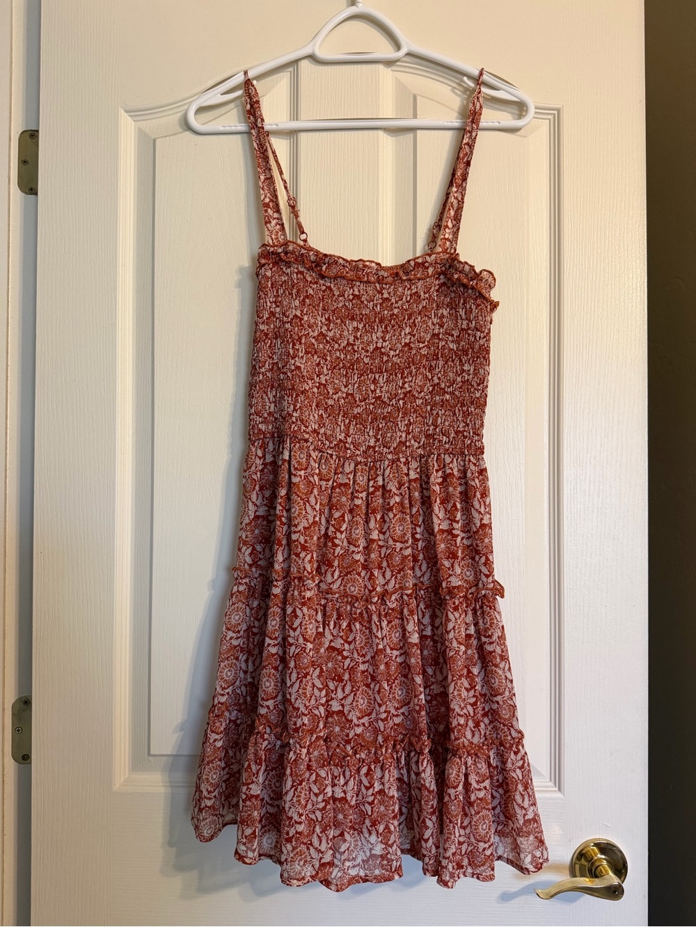Ash and Violet Smocked Rust Floral Mini Dress with Ruffle Trim
